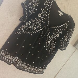 American Eagle Outfitters Black Blouse with White Floral Embroidery